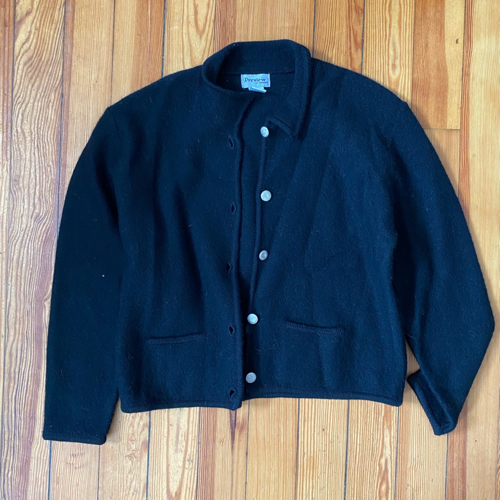 Vintage 100% Wool Button-Up Cardigan, M, Black